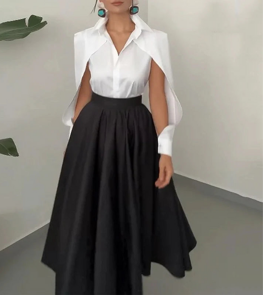 Elegant Solid Long Sleeve Black Dress Set