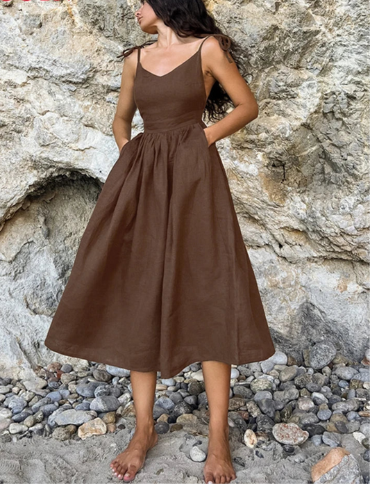 Khaki Pockets A-Line Pleated Dresses
